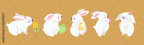 Funny fat bunnies with flowers, eggs and candy. White cartoon bunny, easter rabbit and forest or farm decorative animal. Children mascot vector set