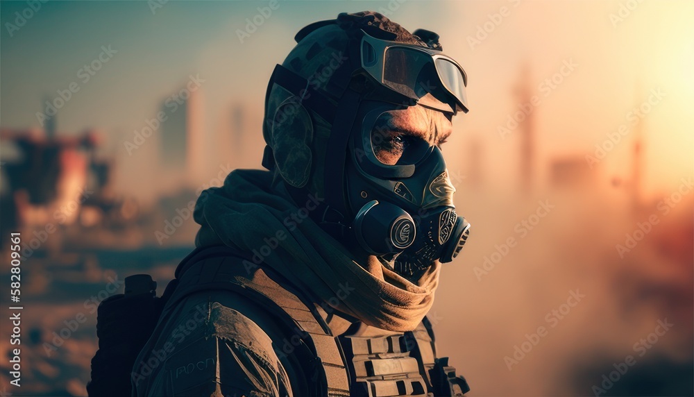 Soldier close-up face with mask and military equipment with daylight city in background. Fictional person created with generative AI Soldier close-up face with mask and military equipment with daylight city in background. Fictional person created with generative AI