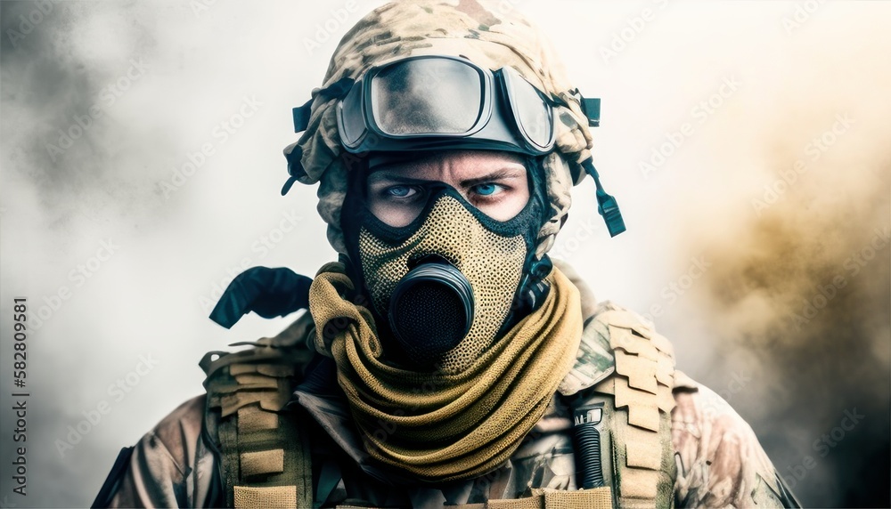 Soldier close-up face with mask and military equipment with smoke in background. Fictional person created with generative AI