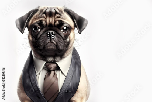 Pug in a suit, tie and shirt. Generated AI