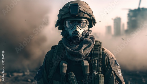 Soldier close-up face with mask and military equipment with city in background. Fictional person created with generative AI