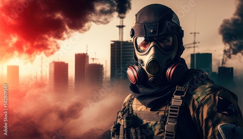 Soldier close-up face with mask and military equipment with daylight city in background. Fictional person created with generative AI