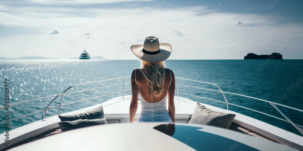 Naklejka premium view from behind woman relaxing on a luxury boat. Generative ai