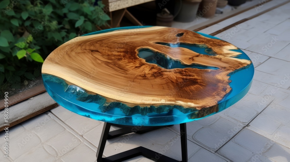 Handmade epoxy resin round wood table. Reclaimed wood furniture and live edge table made from fallen trees. Generative AI Stock Illustration Adobe Stock