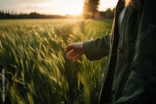 Female hand touching plants in the field, created with generative AI