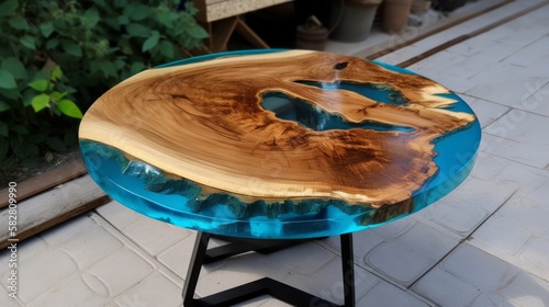 Handmade epoxy resin round wood table. Reclaimed wood furniture and live edge table made from fallen trees. Generative AI photo