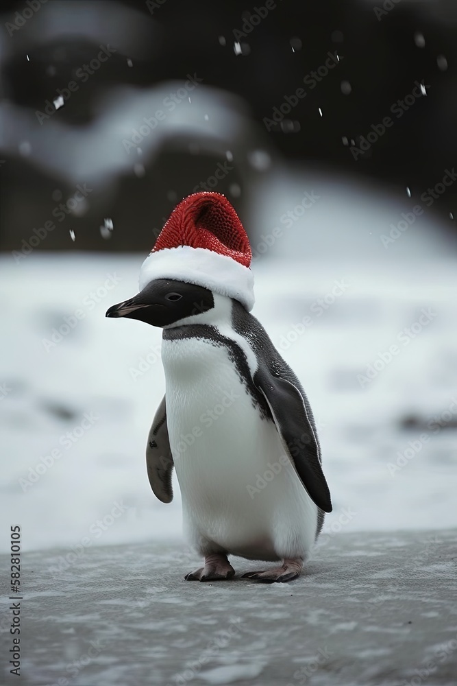 Fototapeta premium Un pingouin avec un bonnet de noel. Perfectionnez pour une carte de Noël de vacances.