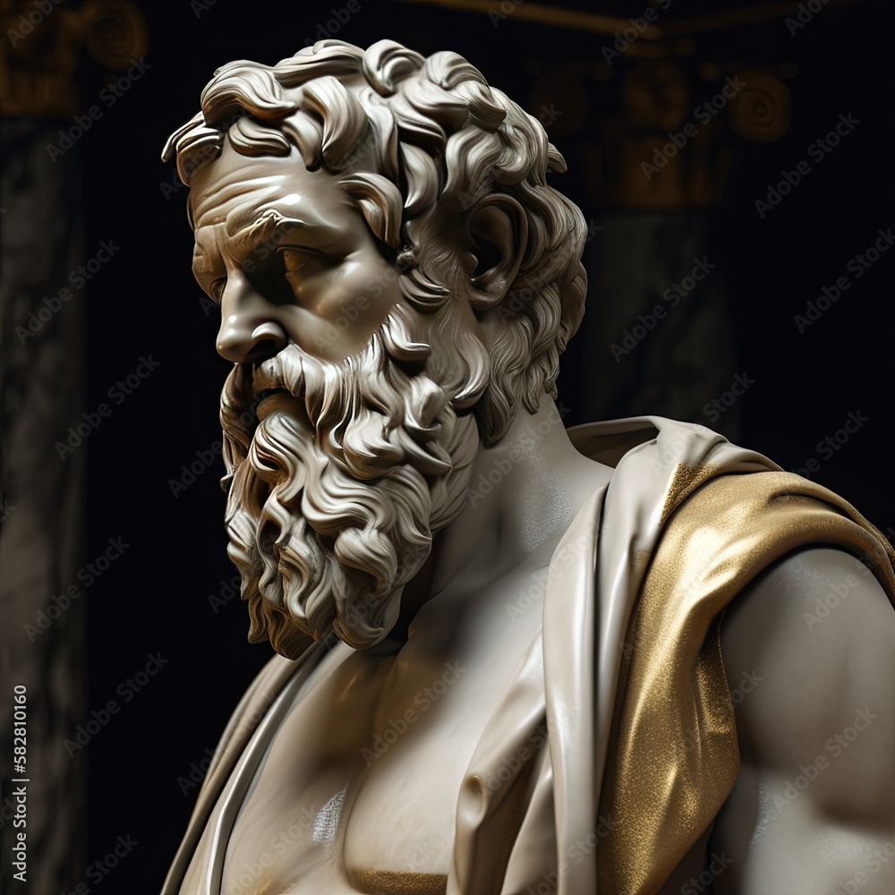 Une sculpture en marbre représentant un grec stoïcien, une personne romaine.