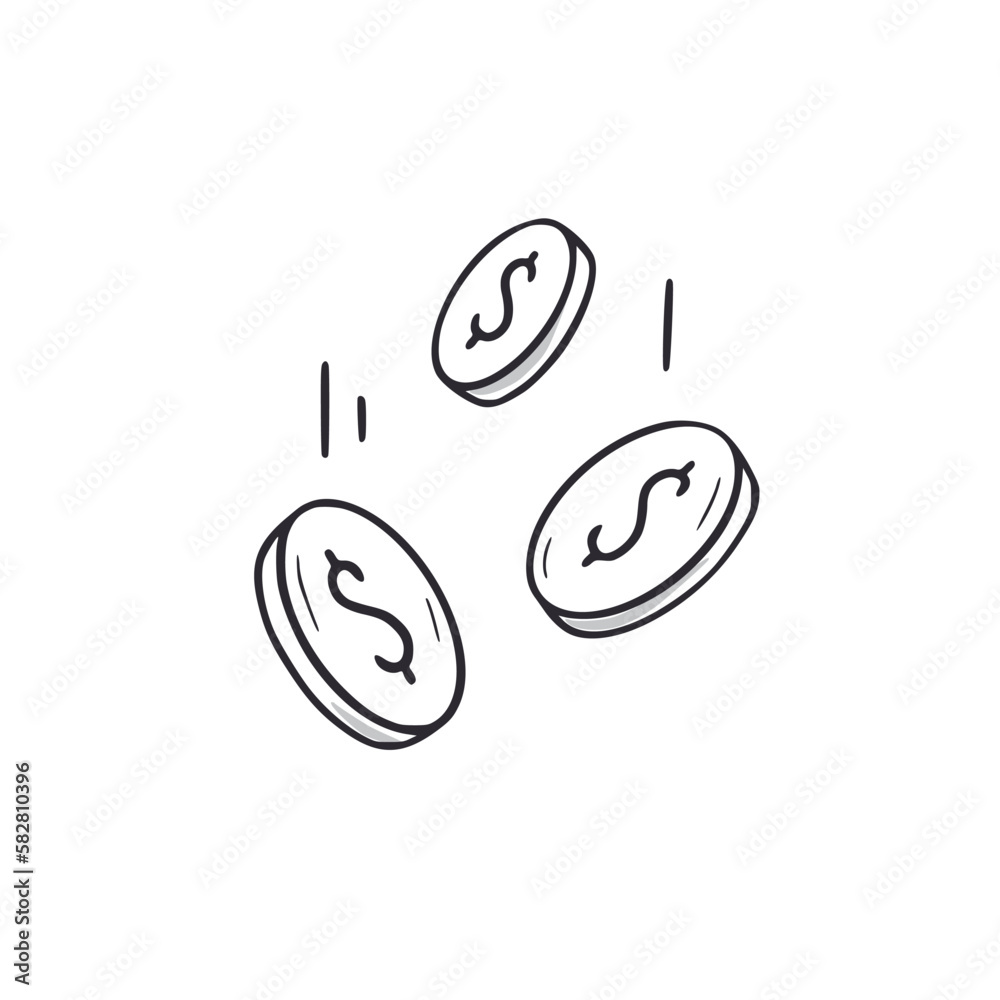 Money coin dropping doodle. Dollar coin falling hand drawn sketch style icon. Finance success doodle drawn concept. Vector illustration. Money coin dropping doodle. Dollar coin falling hand drawn sketch style icon. Finance success doodle drawn concept. Vector illustration.