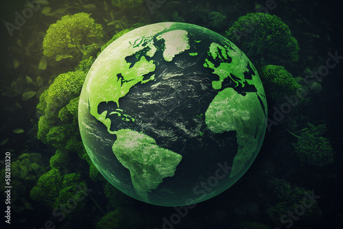 A green world globe with continents, set against a natural green background. AI
