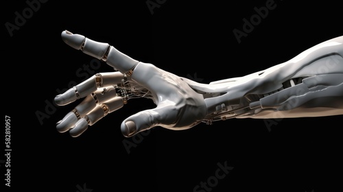 Robotic white hand on dark background. Robot arm reaching out. White sleek Cyborg Hand. Science and artificial intelligence. AI generative