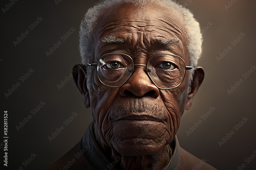 Portrait of a dark-skinned pensioner looking sadly into the camera against the background of a bright room. AI Generated Portrait of a dark-skinned pensioner looking sadly into the camera against the background of a bright room. AI Generated