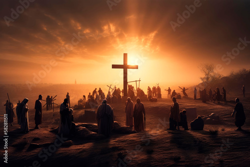 Print op canvas The crosses on Good Friday at Easter on Golgotha in the dramatic evening sun