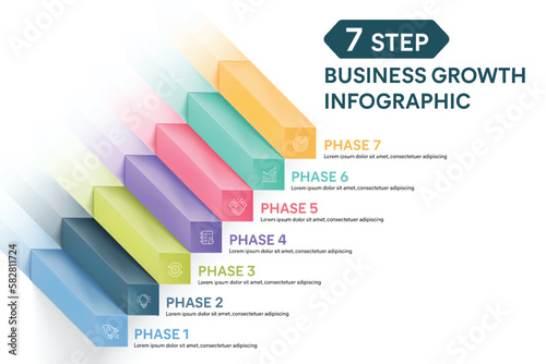 7 Step Staircase Infographic Design Template. Business Growth Presentaion Chart Concept. 3d Vector Illustration.