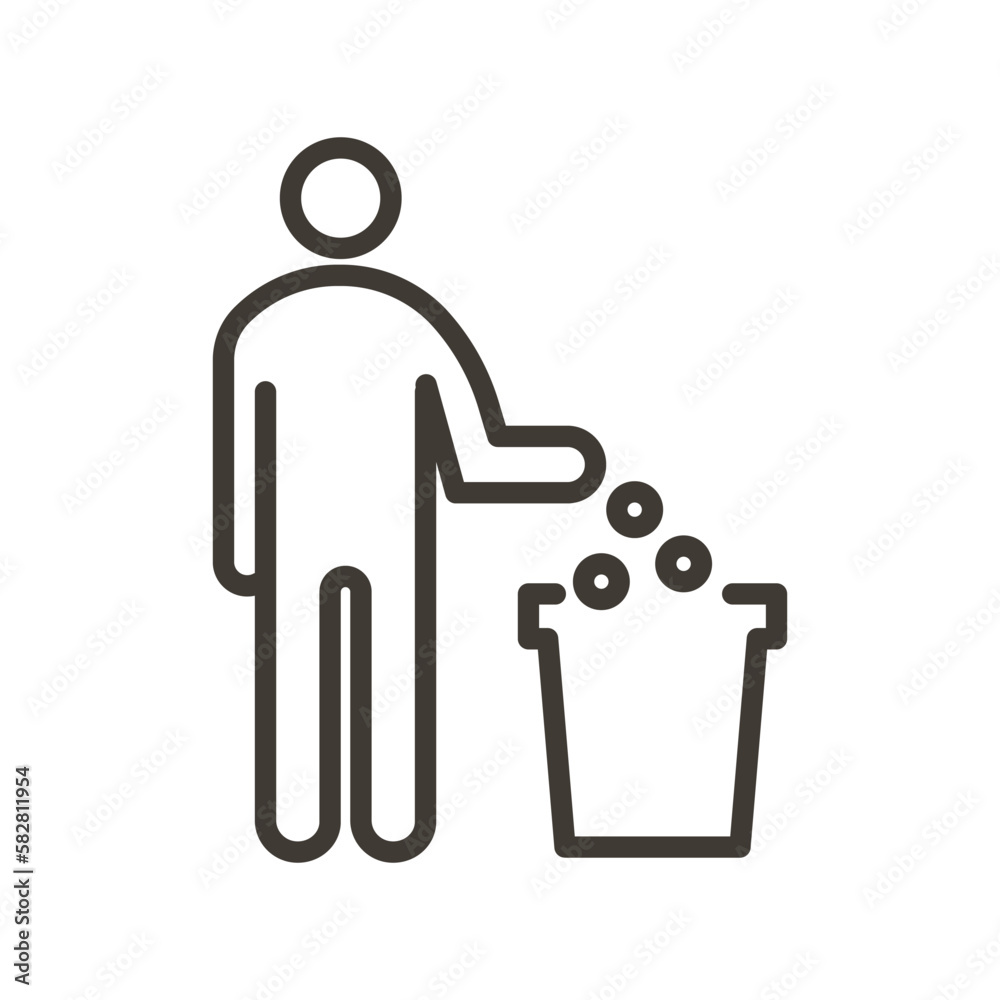 Vector thin line icon outline linear stroke illustration of person disposing in trash bin Vector thin line icon outline linear stroke illustration of person disposing in trash bin