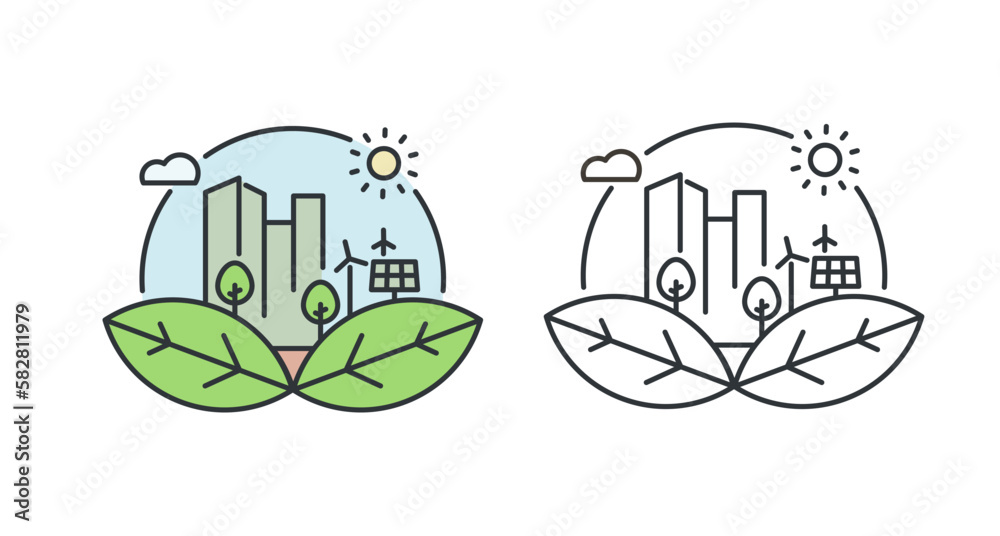Fototapeta premium Vector minimal thin line icon outline linear stroke logo illustration of eco green city. Two versions, colored and unfilled stroke