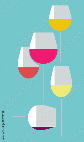 This is an illustration showing stemware, very tall wine glasses in an elegant composition with various colors of wine in the glasses.3-D ILLUSTRATION