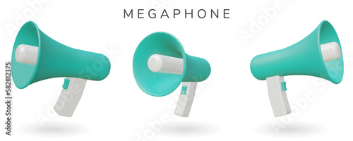 Set of realistic 3d megaphone with sample design. Vector Illustration. loudspeaker or megaphone as announcement icon 3d on white background