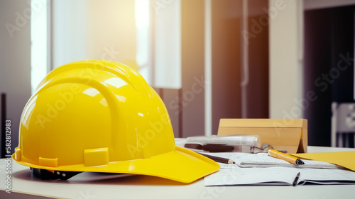 construction yellow hardhat on table front of window. Generative AI photo