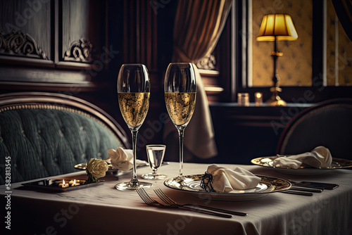 Restaurant interior with two glasses of champagne on the table. Romantic dating in luxury restaurant. Decorations for event. Created with Generative AI