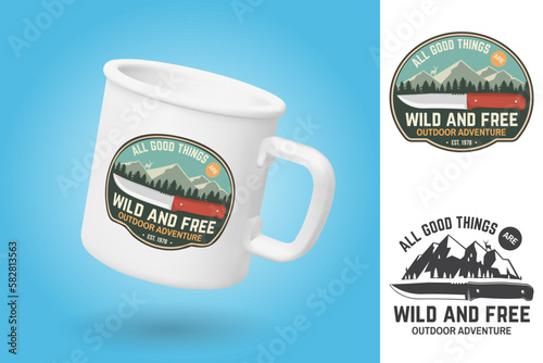 White camping cup. Realistic mug mockup template with sample design. All good things are wild and free. Summer camp badge. Vector. Design with knife, mountains, deer and forest silhouette
