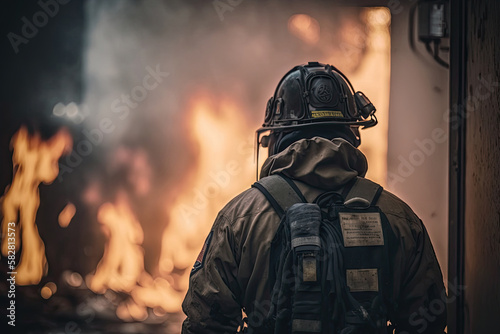 Firefighter in protective uniform standing in front of burning building. Rescue operation. Created with Generative AI