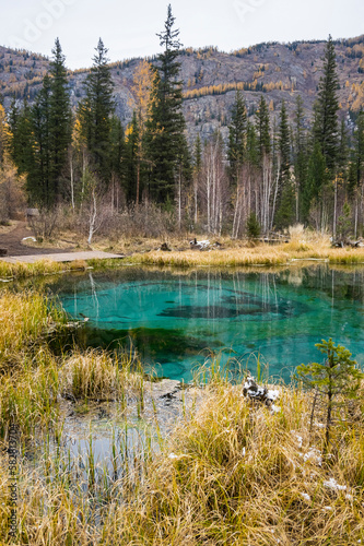 Blue geyser lake in Altay mountains