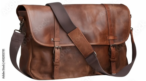 Brown leather messenger bag on white background. Generative AI