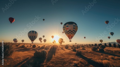 Landscape sunrise with set colorful hot air balloon fly in sky with sunlight. Generative AI  © Adriana