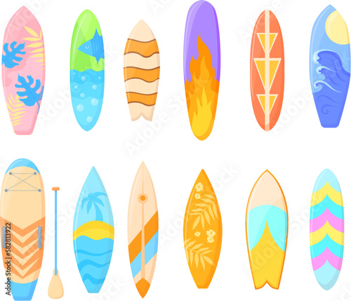 Bodyboards. Cartoon cool surfboards for bodyboarding, surf gear hawaii surfing, short long flower fish boards paddle summer tropical beach sea wave sport, neat vector illustration