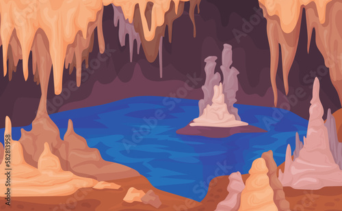 Stalagmite cave. Dark cavern inside cartoon background with stalagmites stalactites, natural limestone ceiling and floor underground stone scary caves game neat vector illustration