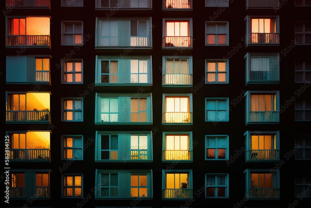 A Nighttime Symphony of Colorful Windows: A Closer Look at Urban Apartment Architecture, GENERATIVE AI