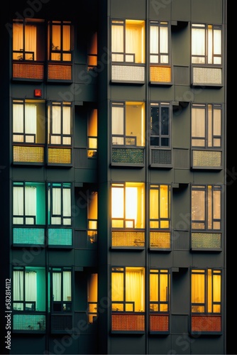 A Nighttime Symphony of Colorful Windows: A Closer Look at Urban Apartment Architecture, GENERATIVE AI