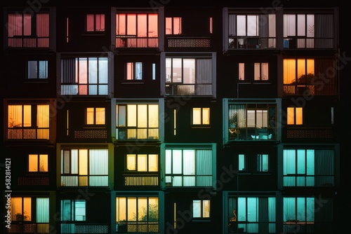 A Nighttime Symphony of Colorful Windows: A Closer Look at Urban Apartment Architecture, GENERATIVE AI