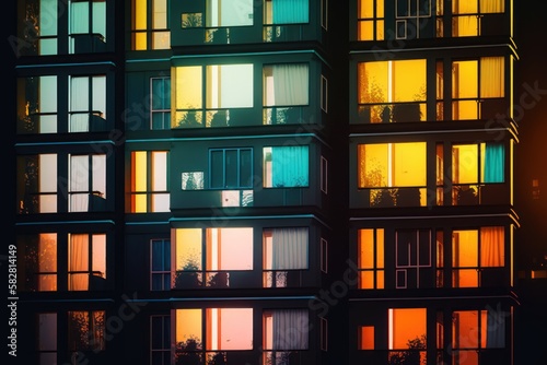 A Nighttime Symphony of Colorful Windows: A Closer Look at Urban Apartment Architecture, GENERATIVE AI