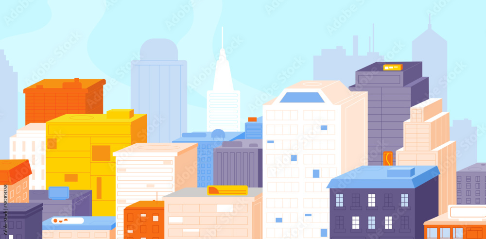 City roof skyscrapers view. Wall of big urban buildings, city town panorama top corporate apartment to skyline, downtown tower house condos background splendid vector illustration - obrazy, fototapety, plakaty 
