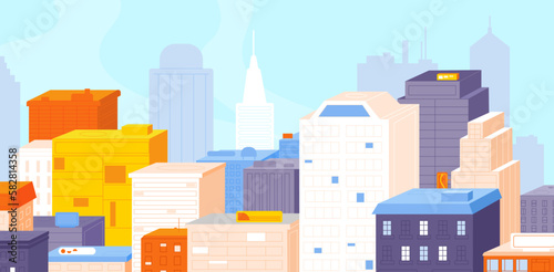 City roof skyscrapers view. Wall of big urban buildings, city town panorama top corporate apartment to skyline, downtown tower house condos background splendid vector illustration