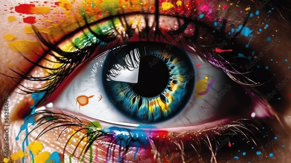 Human eye close up with colorful paint , ink splashes and drips, Generative AI,