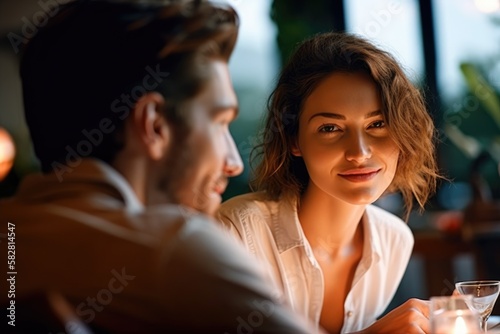 young couple having a romantic dinner looking at the camera. Generative AI
