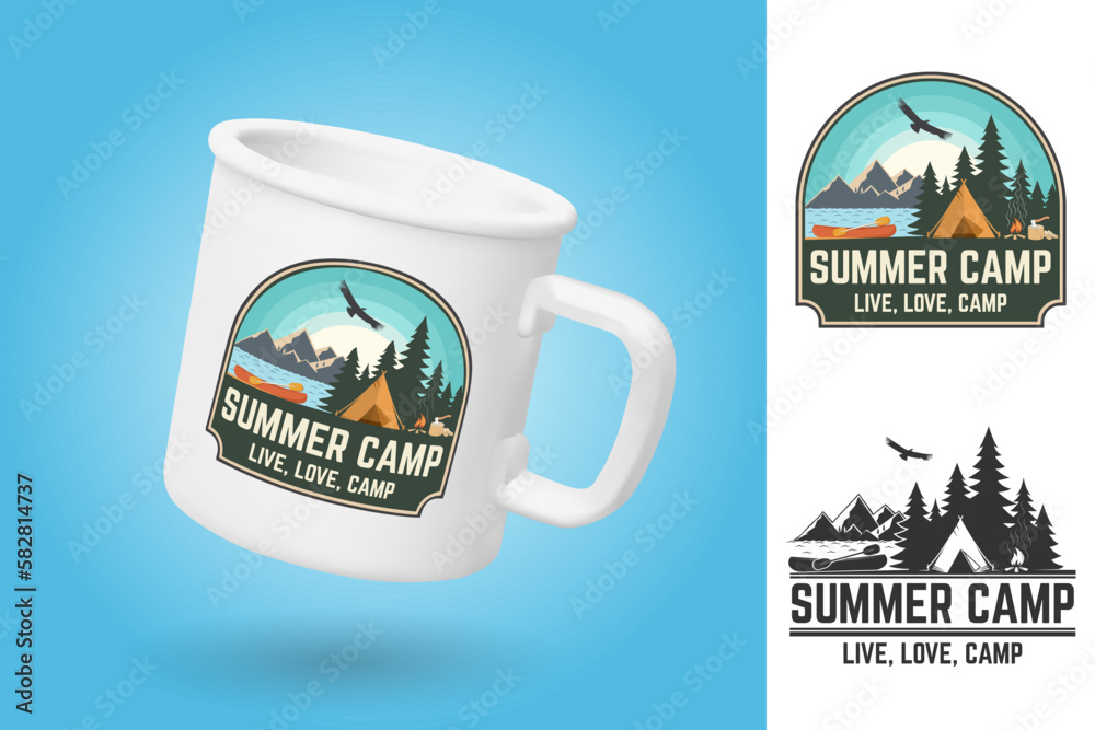 White camping cup. Realistic mug mockup template with sample design