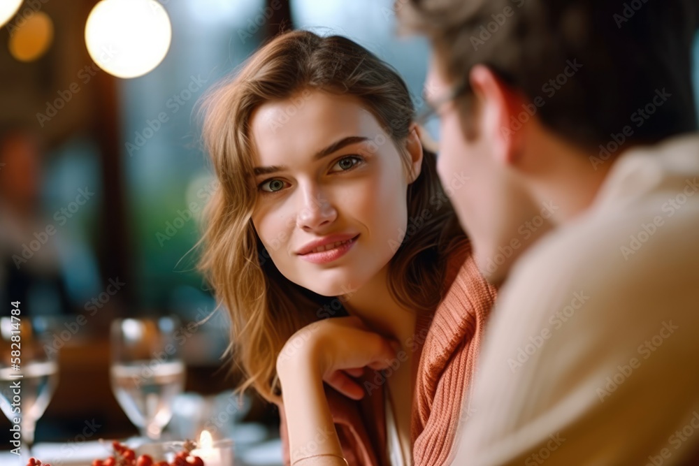 Young couple having a romantic dinner looking at the camera. Generative AI