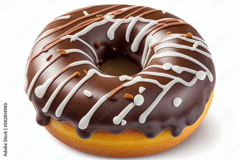 A chocolate donut with white stripes and chocolate icing A chocolate donut with white stripes and chocolate icing