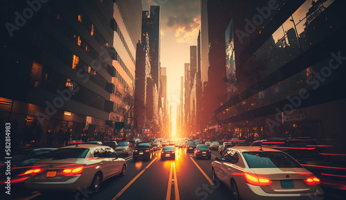 Busy street with traffic during sunset, blurred motion and lights on the cars, skyscrapers Manhattan, NYC, New York, office buildings, city center
