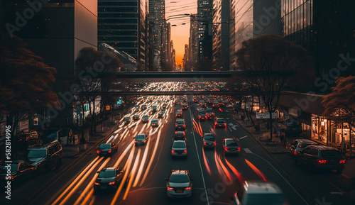 Busy street with traffic during sunset, blurred motion and lights on the cars, bridge above the street, skyscrapers Manhattan, NYC, New York, office buildings, city center
