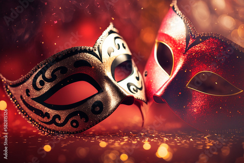 Carnival Party - Venetian Masks On Red Glitter With Shiny Streamers On Abstract Defocused Bokeh Lights