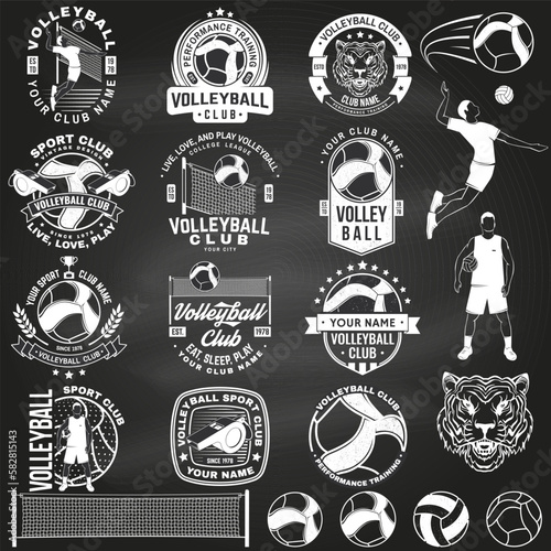 Set of Volleyball club badge, logo design on chalkboard. Vector . For college league sport club, summer camp emblem, sign, logo. Vintage monochrome label, sticker, patch with volleyball ball, player