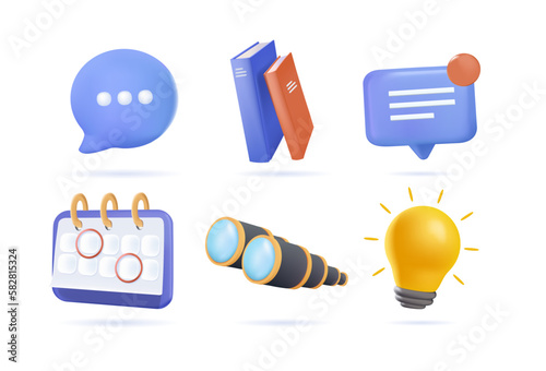 3d icon set. Speaking bubble, books, dialogue message, binoculars, calendar, lamp light bulb chat icon. Realistic vector