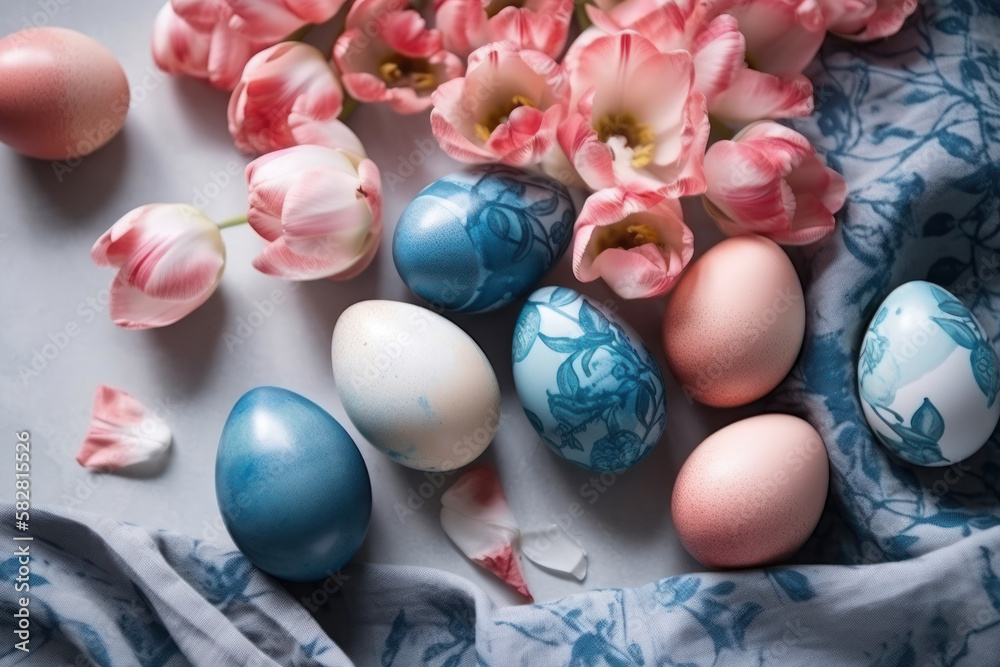 Blue Easter eggs painted through cotton fabric, linen towel and pink tulips. Exquisite Easter decor. Photorealistic illustration generative AI.