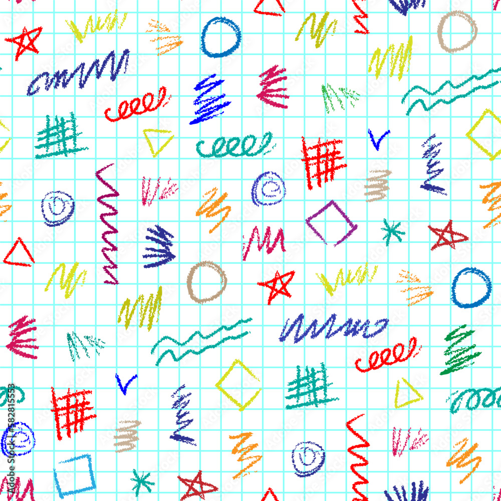 Small bright colorful multi-colored doodles isolated on a white checkered notebook background. Cute seamless pattern. Vector simple flat graphic hand drawn illustration. Texture.