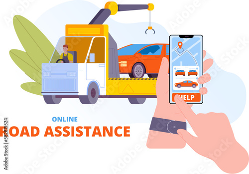 Roadside assistance online. Accident car rescue mobile app platform, digital emergency truck help on road maintenance service for broken automobile fault driver vector illustration